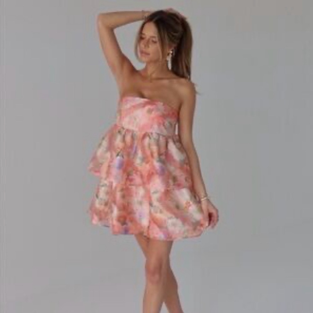 LENA Strapless Tiered Mini Dress S Pink Watercolor Wedding Guest Prom Sorority